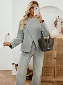 SHEIN LUNE Women's Solid Color Oblique Placket Long Sleeve Loose Woolen Coat,Light Grey Autumn Casual Everyday Business Jacket,Modern Winter Clothes For Woman - Grey - View 7