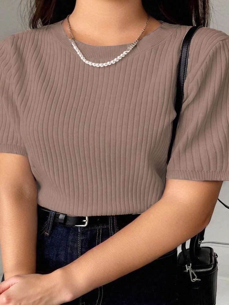 Dazy Plus Plus Size Women Solid Color Round Neck Loose Knit Short Sleeve Sweater Top