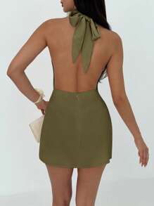 Aloruh 女士简约露背系带百褶迷你连衣裙 - 軍綠色 - 查看 3