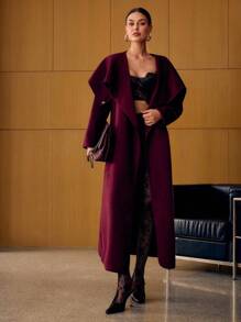 MOTF PREMIUM BELTED RUFFLE TRIM OVERCOAT - Burgundy - View 4