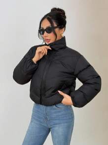 SHEIN PETITE Women's Zipper Long Sleeve Fashionable Popular Winter Insulated Padded Coat, Dress Casual ,Business Casual Outfits Women,Fall Clothes For Women,Going Out Tops