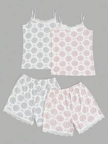 EURMUSE Damen 2 Pack Kontrast-Farbige Spitze mit Retro Muster Details Tank Top und Shorts Homewear Pyjama Sets - Verschiedenfarbig - Übersicht 2