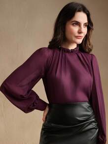 Anewsta Áo cánh dài tay thanh lịch, cổ đứng màu trơn, trang trí xếp ly thủ công - Màu tím - Xem 4