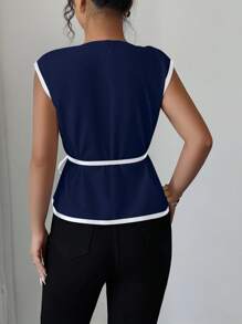 Elenzga 女士优雅通勤腰部收紧撞色衬衫 - 藏蓝色 - 查看 2