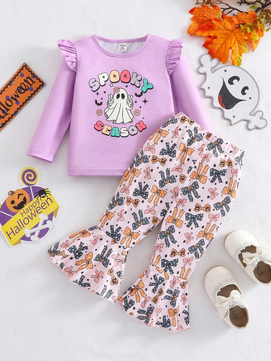 2pcs Halloween Baby Girl Cute Vacation Colorful English Flare Sleeve Round Neck Long Sleeve Purple T-Shirt Top Paired With Bell-Bottom Pants Set, Lively Holiday Outfit