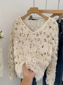 SHEIN Frenchy Suéter feminino solto de manga comprida com lantejoulas e decote em V de cor sólida - Damasco - Ver 3