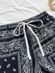 Soleia Paisley Print Drawstring Waist Shorts - Black and White - View 4