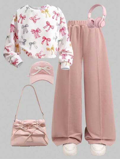SHEIN Conjunto informal de parte superior con cuello redondo y decoración de lazo, y pantalones sueltos y cómodos para niñas preadolescentes