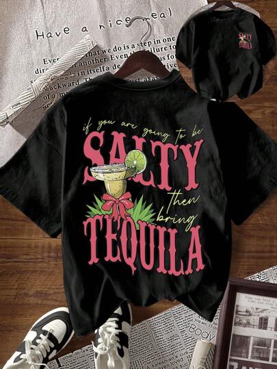 Glissea Funny Fruit & Letter Print Round Neck Short Sleeve T-Shirt For Women Graphic Tees Women Tops