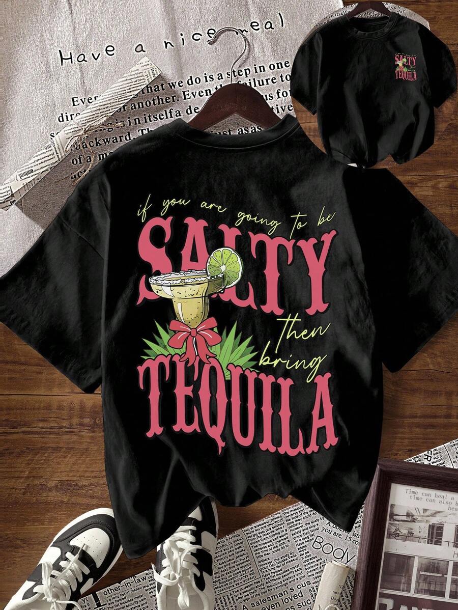 Glissea 趣味水果和字母印花圆领短袖女式T恤图案T恤女式上衣 - 黑色 - 查看 1