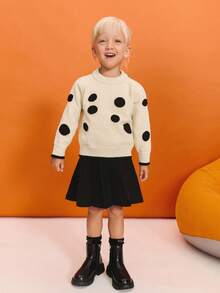 SHEIN Set di maglione a girocollo a maniche lunghe e gonna plissettata mini con motivo a pois per ragazze giovani - nero - Visualizzare 3