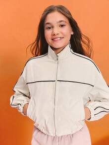 SHEIN 少女宽松杏色飞行员夹克，撞色运动风，秋冬防风外套 - 杏色 - 查看 2