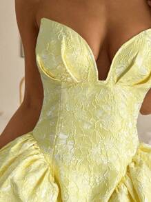 Vowa Váy suông satin jacquard kiểu cung điện thanh lịch, sang trọng, quý phái, không dây, có nhún eo, thích hợp cho tiệc đơn, đám cưới, tốt nghiệp, kỳ nghỉ, quà tặng cô dâu - Màu vàng - Xem 6