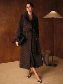 MOTF PREMIUM SLANT POCKET BELTED FAUX FUR COAT - Coffee Brown - View 2