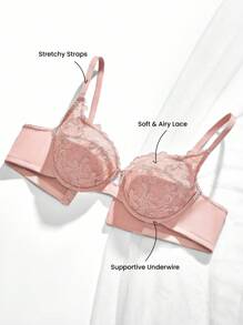LUVLETTE Full Coverage Support Breathable Underwire Pink Sheer Mesh Lace Elegance Minimizer Bra Sexy Lingrie Bridal Intimates - Pink - View 3