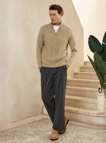 Manfinity Homme كنزة صوفية كاجوال للرجال بلون أحادي وياقة عالية، خريف/شتاء - كاكي - مشاهدة 5