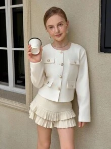 SHEIN Tween Girl Short Round Neck Long Sleeve White Jacket, Suitable For Daily Commute Fall Winter