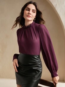 Anewsta Áo cánh dài tay thanh lịch, cổ đứng màu trơn, trang trí xếp ly thủ công - Màu tím - Xem 5