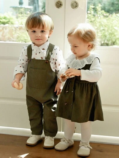 Souflis 2 件女婴优雅白色罗纹领花边长袖上衣和深绿色罗纹无袖连衣裙套装，秋冬