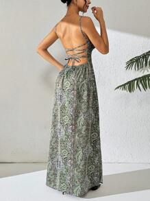 Chiquease 佩斯利印花吊带露背吊带连衣裙 超长度假海滩装 女款 - 綠色 - 查看 3