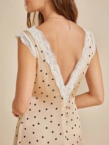 WESTFADE 波尔卡圆点缎面蕾丝 V 领修身无袖长裙秋季返校服装乡村音乐会服装 - 杏色 - 查看 3