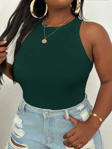SHEIN PETITE CURVE Plus Size Casual Basic Fitted White Round Neck Off-Shoulder Tank Top - Dark Green - View 3