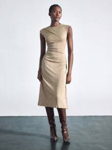 Maija Robe minimaliste à manches lanternes, col rond, taille creuse et ourlet évasé. Polyvalente pour les occasions urbaines modernes, les festivals et les fêtes - Gris - Voir 6