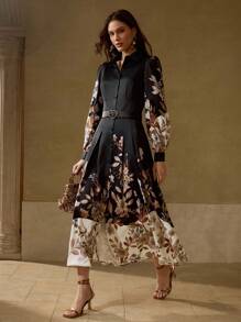 MOTF PREMIUM 花卉印花腰带连衣裙 - 黑色 - 查看 5