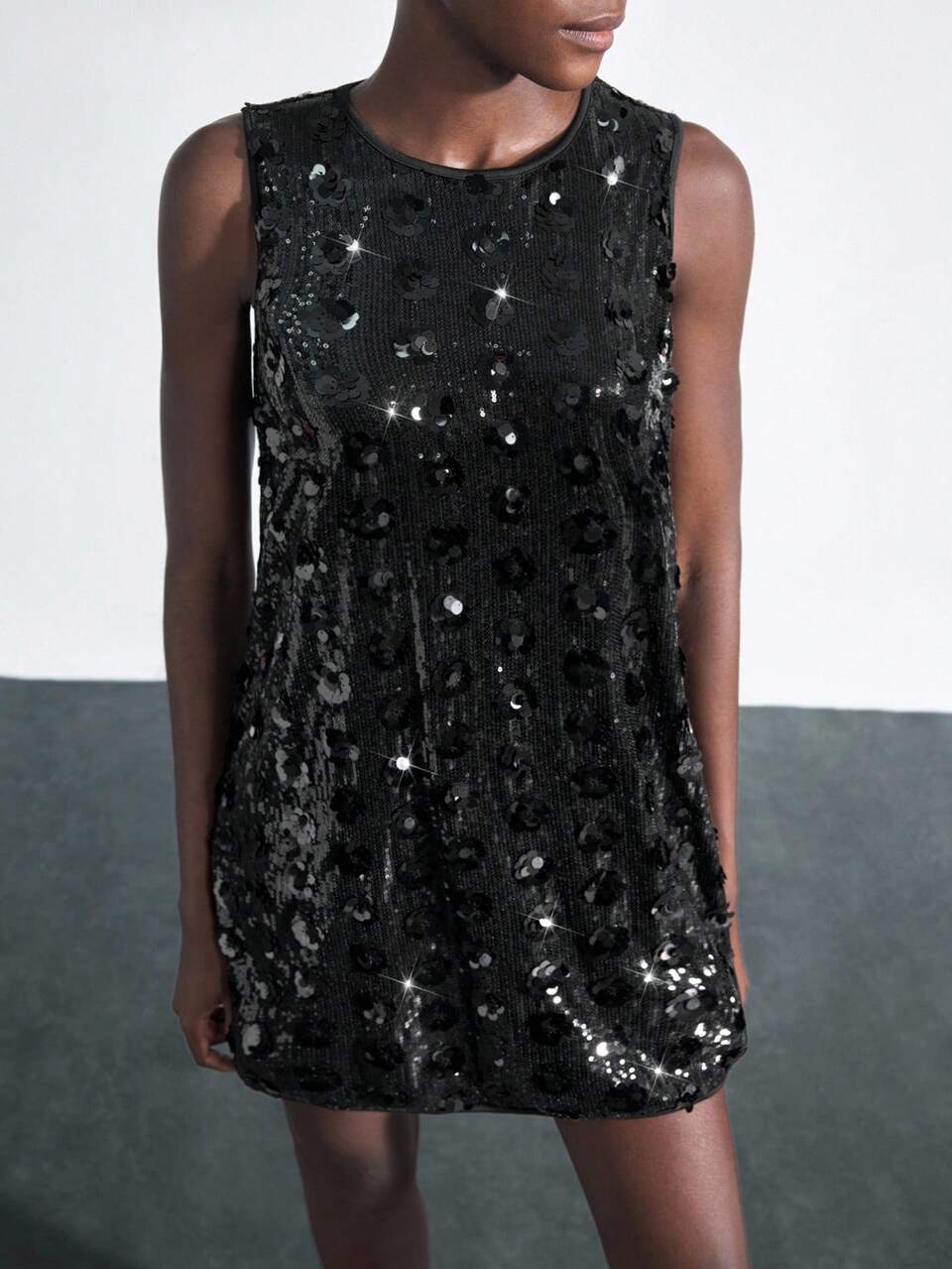 SHEIN Maija Women's Black Sequin Sparkly Dress,70's Club Party Summer Elegant Round Neck Sleeveless Short Patchwork Dress,Bohemian Vacation Style Outfit