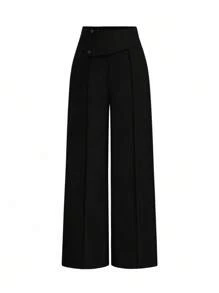 SHEIN Tall 大码女式优雅百搭纽扣装饰简约办公/通勤西装裤 - 黑色 - 查看 1