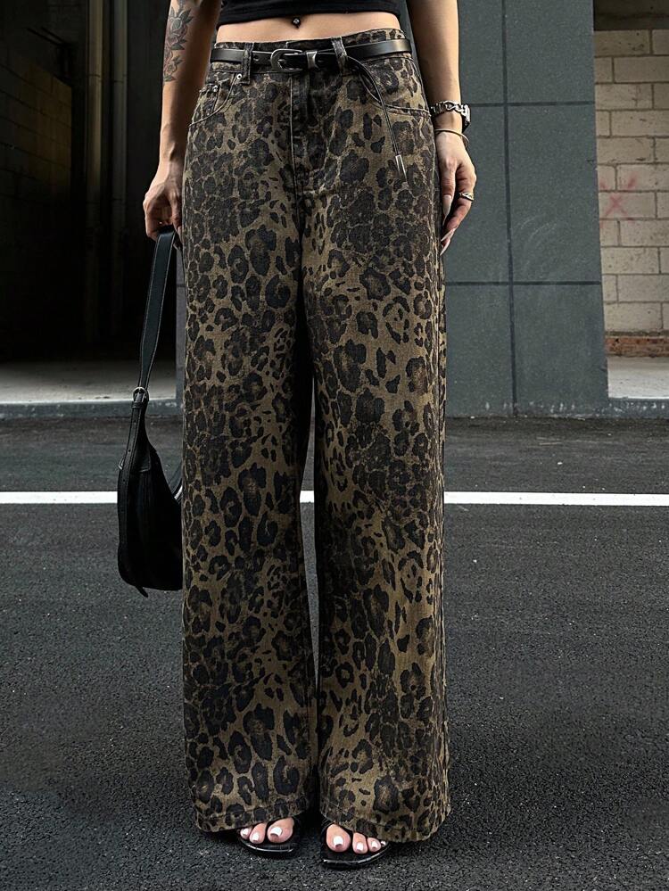 Women's Leopard Print Wide Leg Jeans, Autumn