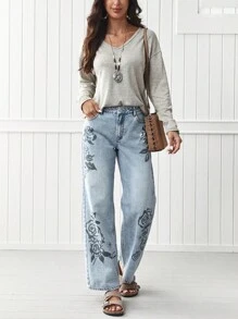 EMERY ROSE Jeans rectos y sueltos con estampado floral casual - Lavado ligero - Ver 7