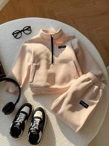 SHEIN 2 件套男童杏色休闲舒适百搭拉链立领运动衫和慢跑裤套装，保暖内衬厚运动服，适合上学 - 杏色 - 查看 4