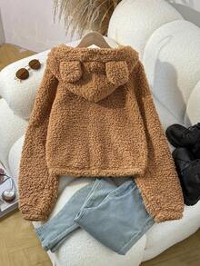 SHEIN Tween 女童休闲连帽拉链羊毛夹克，带有可爱卡通耳朵，保暖衬里，适合秋冬季