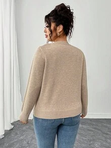 Elenzga Áo len cardigan thanh lịch thường ngày cỡ lớn có nơ cho nữ - Màu Khaki - Xem 2