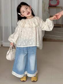 Dazy Kids Girls' Wide Leg Denim Pants, Young Girl Fall Clothes - Light Wash - View 2