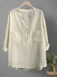 INAWLY Plus Half Button High Low Hem Blouse Fall Cloth For Women - Apricot - View 1