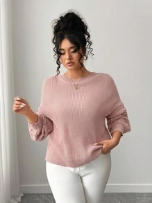 Elenzga Plus Size Women's Beaded Crew Neck Sweater Winter Fall Autumn - Pink - View 6