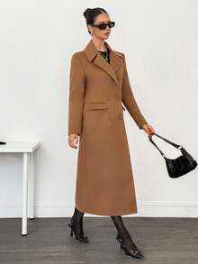 SHEIN Tall Women's Solid Color Lapel NeckLong Sleeve Double-Breasted Casual Long Jacket Long Brown Coat In Fall/Winter