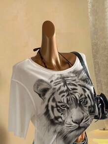 Attitoon 休闲复古街头风格老虎素描肖像图案超大不对称领口短袖T恤女款，适合夏季、音乐节、Y2K