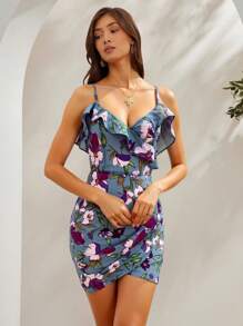 L'Amorae Vestido mini de mujer de gasa con estampado floral y detalle de volantes, ideal para el verano - Azul - Ver 4