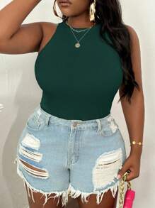 SHEIN PETITE CURVE Plus Size Casual Basic Fitted White Round Neck Off-Shoulder Tank Top - Dark Green - View 4
