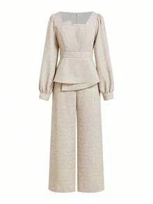 SHEIN Ellevyn 女士方领不对称下摆亚麻质感长袖上衣和直筒裤两件套，收腰显瘦，优雅休闲，适合春夏秋季穿着。 - 卡其色 - 查看 3