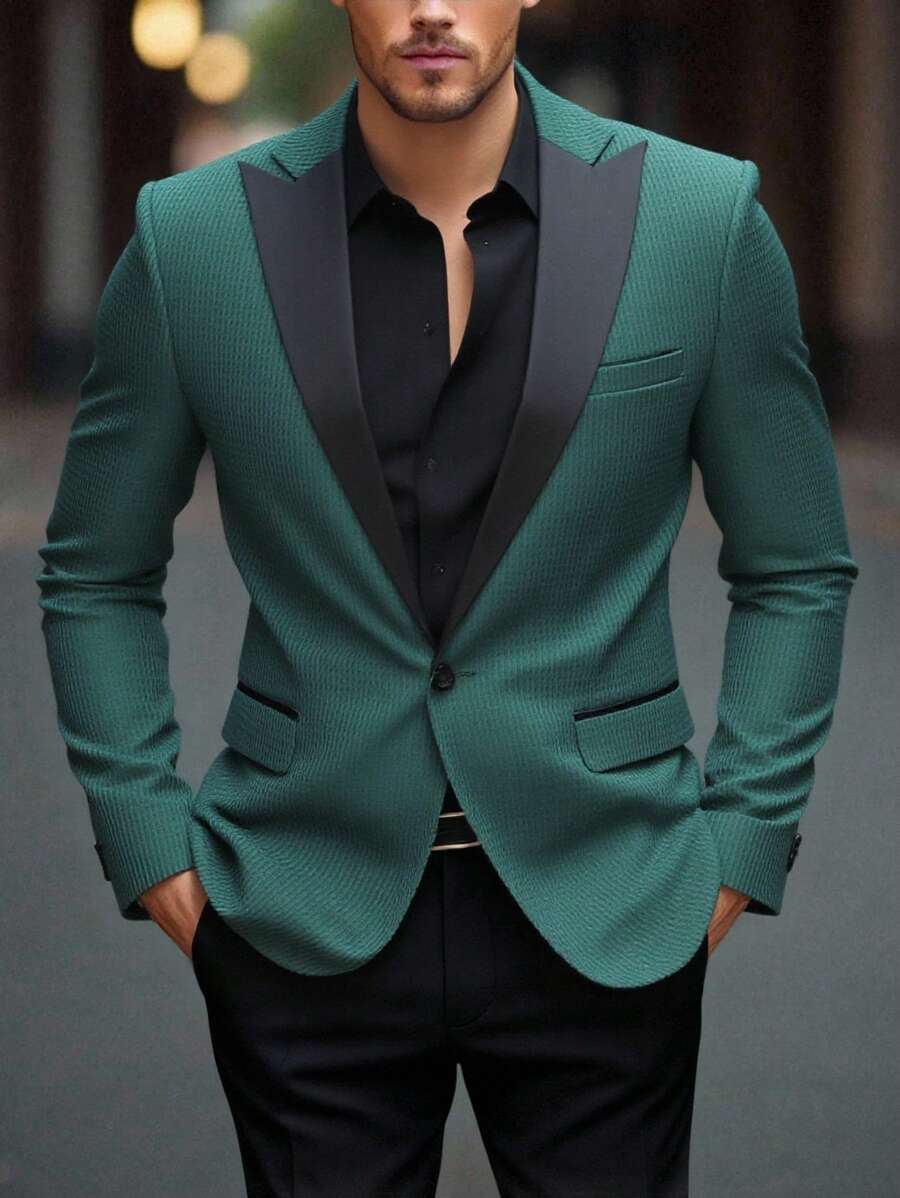 Manfinity Bizformal 男士撞色翻领长袖休闲西装外套，Old Money - 墨綠色 - 查看 1