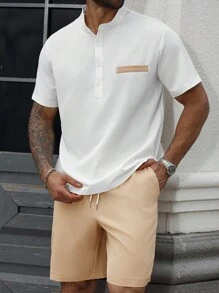 Manfinity Homme Men's Plus Size Summer Solid Color Single Breasted Short Sleeve Shirt And Drawstring Waist Shorts Set Men's Two Pieces Summer Men's Two Pieces Casual Shorts Set Men's Casual Shorts Set Men's Resortwear - Multicolor - View 1