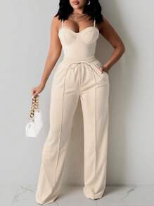 INAWLY 性感修身吊带背心和直筒裤两件套，休闲优雅女士 - 杏色 - 查看 3