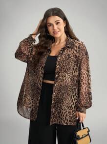 Comfylo Flowy Sheer Leopard Print Plus Size 2 Pieces Set: Blouse And Wide Leg Pants Plus Size Pants Set Animal Print Plus Size Cheetah Print Outfit Women Chic Winter Winter Party Fall Halloween Christmas