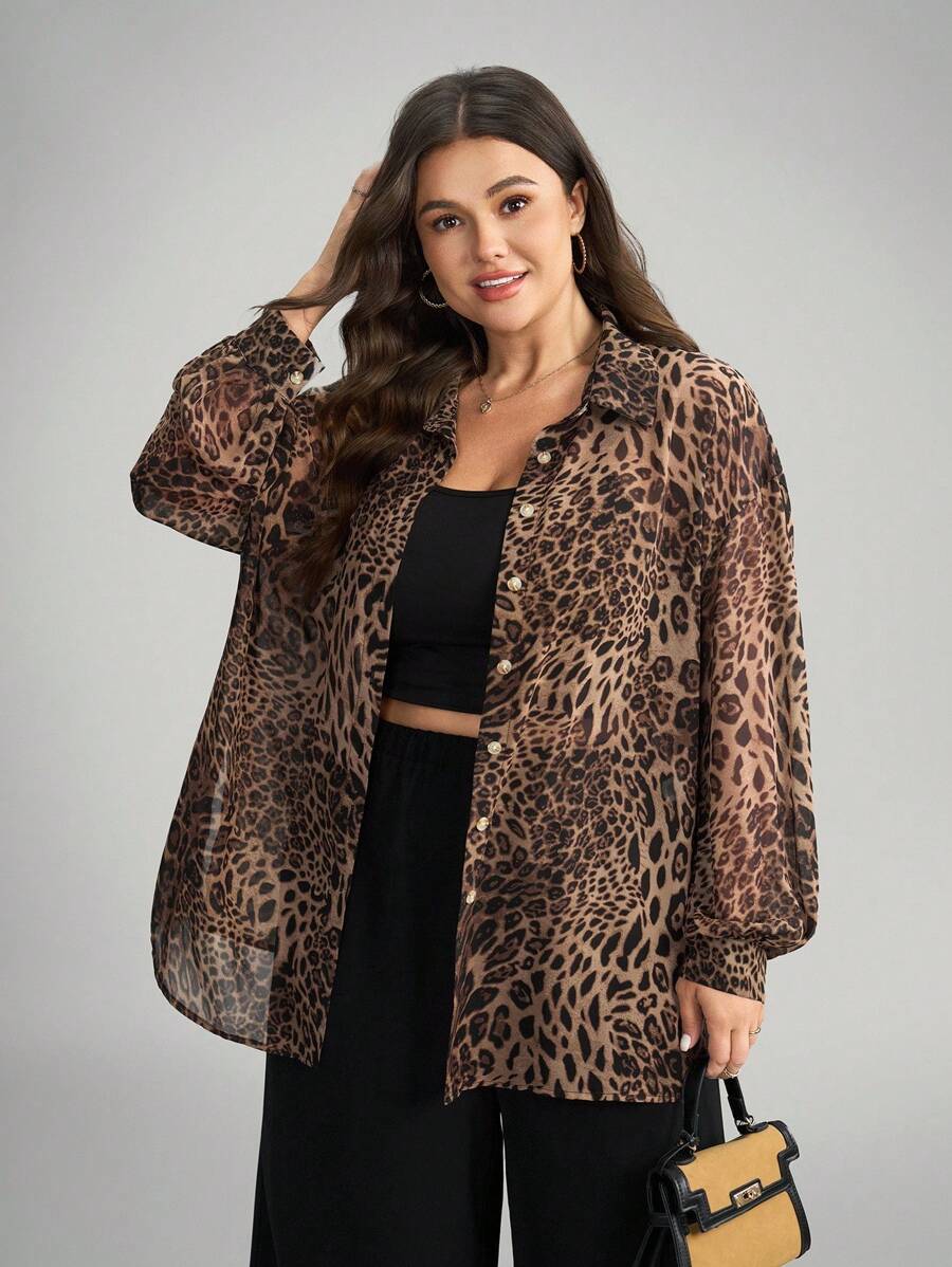 Comfylo Flowy Sheer Leopard Print Plus Size 2 Pieces Set: Blouse And Wide Leg Pants Plus Size Pants Set Animal Print Plus Size Cheetah Print Outfit Women Chic Winter Winter Party Fall Halloween Christmas