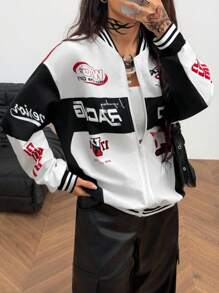Coolane Women's Fall/Winter Streetwear Blokecore Color-Blocked Letter Pattern Print Baseball Jackets For Back To School - White - View 2