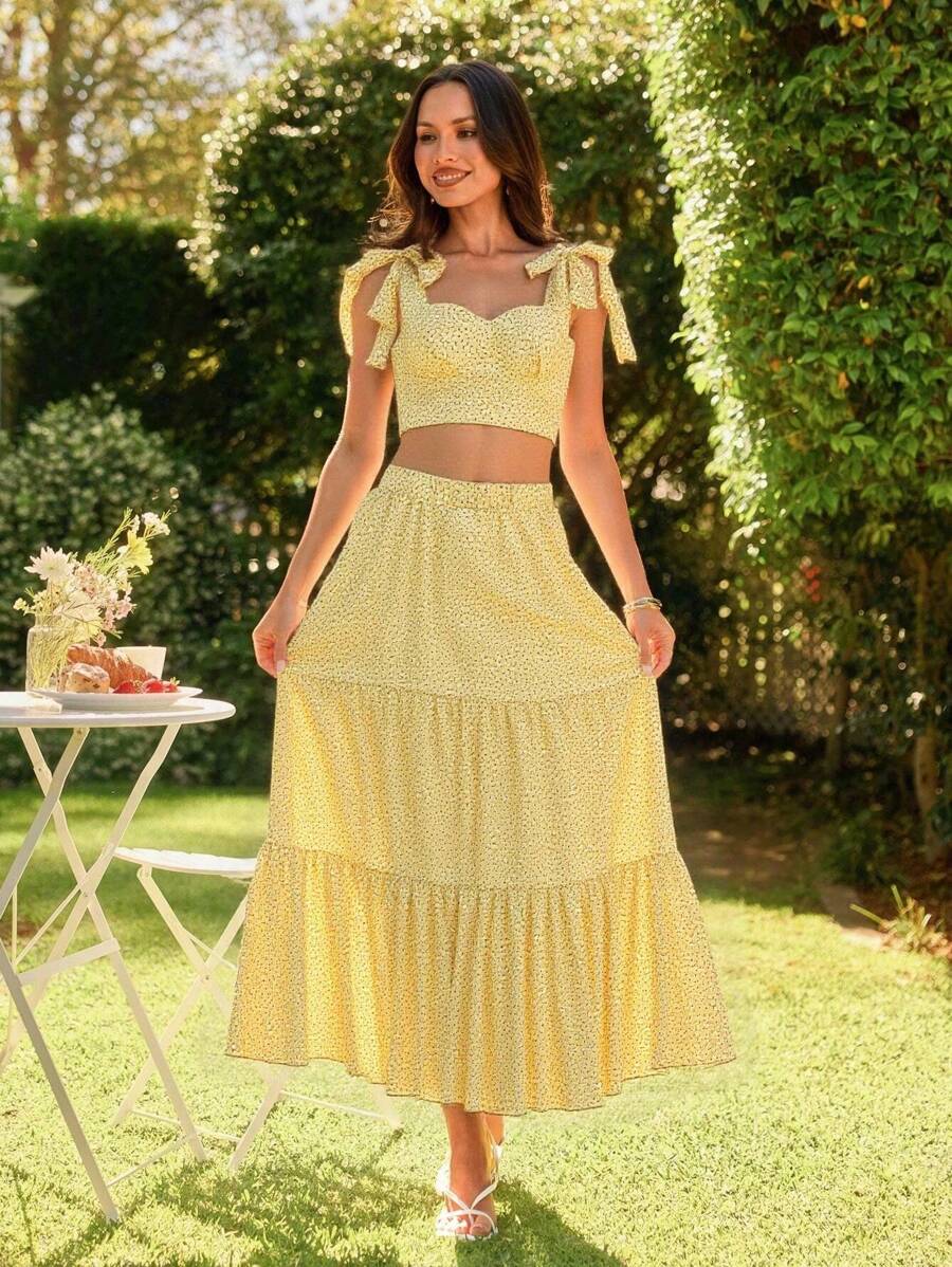 KARISMINA Women's Woven Printed Tie-Up Cropped Fitted Cami Top, Spring Streetwear Casual Vacation,Cute Summer Set,European Summer - Mustard Yellow - View 1